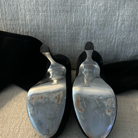 DESIGNER HALSTON MOD BLACK LEATHER THIGH HIGH SUEDE BOOTS 5 INCH HEELS SZ 7 - Picture 7 of 8